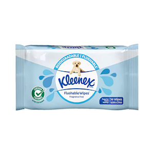 Kleenex Flushable Wipes, 165 x 129mm, Fragrance Free, 36 Wipes/Pack