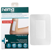 Nema Aqua Transparent Island Film Dressing, with Non-Adherent Pad, 12 x 8.2cm, Waterproof, Sterile, 5/Pack (Expiry: 31/10/2026)