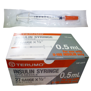 Terumo Insulin Syringes, 0.5ml, with Needle 27 Gauge x 0.5 Inch, 13mm, Sterile, 100 Pieces/Box Box