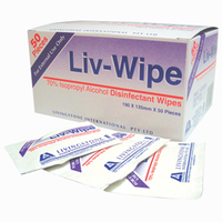 Liv-Wipe Alcohol Cleaning Sanitiser Wipe, 75 Percent Ethyl Alcohol , 18.5 x 14cm, Prefolded, 50 Single Pouch/Box Box