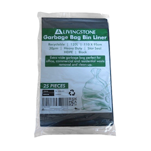 Livingstone Garbage Bag Bin Liner, Recyclable, 120 Litres, 110 x 95cm, 30um, Heavy Duty, HDPE, Star Seal, Black, 10 Packs/Carton, 250/Carton Carton