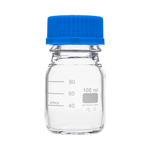 Livingstone Lab Reagent Bottle, 100ml, 56mm Diameter x 105mm H, GL45, Clear, Blue PP Cap and Outlet Ring, Borosilicate Glass, EU, Each Each