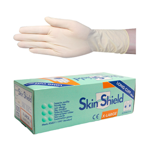 Out of Date, Discounted SShield Bio Latex Exam Gloves, AS NZ Standard, PF, Long Cuff, 30cm, XL, Cream, 100/Box, Original Condition Box