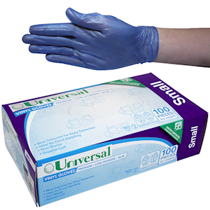 Out of Date, Universal Vinyl Gloves, Low Powder, HACCP, Recyclable, 5.0g, Medium, Blue, 100/Box, Price Discounted, While Stocks last