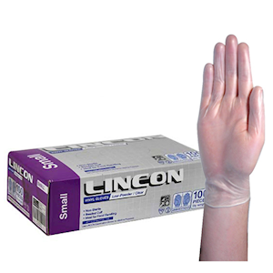 Lincon Vinyl Gloves, Recyclable, 5.5g, Low Powder, Large, Clear, HACCP Grade, 100/Box Box