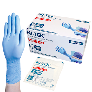 Ni-Tek Nitrile STERILE Exam Gloves Textured Powder Free 290mm Long Cuff, Blue, Large 8.0 - 8.5, 1 Pair/Pack, 50 Pairs/Box