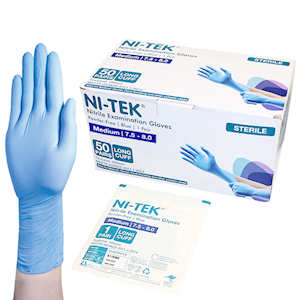 Ni-Tek Nitrile STERILE Exam Gloves Textured Powder Free 290mm Long Cuff, Blue, Large 8.0 - 8.5, 1 Pair/Pack, 50 Pairs/Box