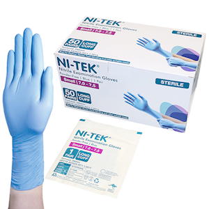 Ni-Tek Nitrile STERILE Exam Gloves Textured Powder Free 290mm Long Cuff, Blue, Large 8.0 - 8.5, 1 Pair/Pack, 50 Pairs/Box
