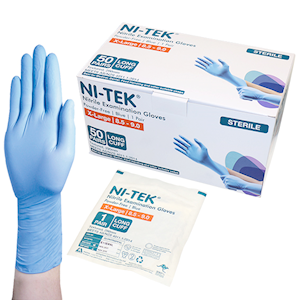 Ni-Tek Nitrile STERILE Exam Gloves Textured Powder Free 290mm Long Cuff, Blue, Large 8.0 - 8.5, 1 Pair/Pack, 50 Pairs/Box