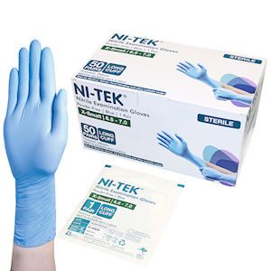 Ni-Tek Nitrile STERILE Exam Gloves Textured Powder Free 290mm Long Cuff, Blue, Large 8.0 - 8.5, 1 Pair/Pack, 50 Pairs/Box