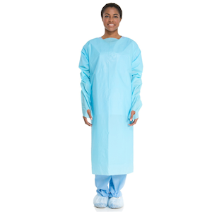 Halyard Thumbs-Up Impervious Film Isolation Gowns, Blue, Open Back, Regular Size, (5 x 15Packs) 75 Pieces/Carton Carton