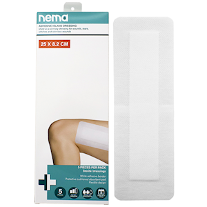 Nema Adhesive Island Dressing with Non-Adherent Pad, Nonwoven,, 25 x 8.2cm, White, Sterile 5/Retail Box Box