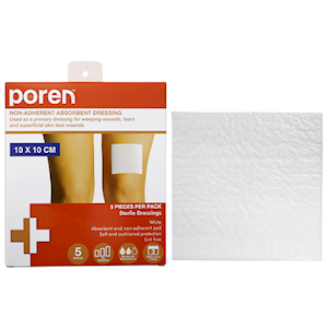 Poren Non-Adherent Absorbent Dressing, 10 x 10cm, Sterile, 5/Pack Pack