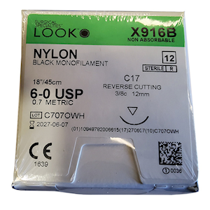 Look Nylon Suture, Black Monofilament, Reverse Cutting, 18 inches, 45cm, 12/Box (916B) Box