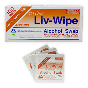 Liv-Wipe Mini Alcohol Swabs, Prep Pad, 70 Percent Isopropyl Alcohol Sanitiser, 62 x 30mm, Gamma Sterilised, 100/Box, 5,000/Carton Carton