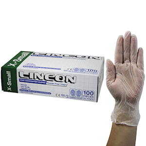 Lincon Vinyl Examination Gloves, Recyclable, 6.5g, Powder Free, Large, Clear, HACCP Grade, 100/Box Box