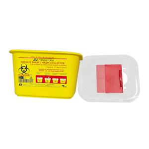 Livingstone Needles Sharps Waste Collector, 2 Litres, Sliding Safety Lid & Needle Slots, Clear View Top, Square, Recyclable, Yellow, Each